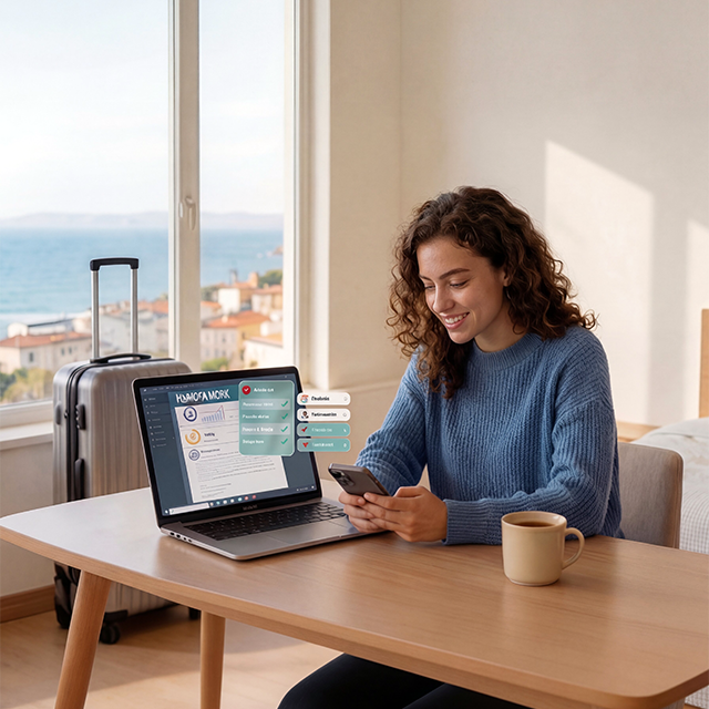Viajero accediendo a su historial médico digital portátil desde el extranjero con Qüida