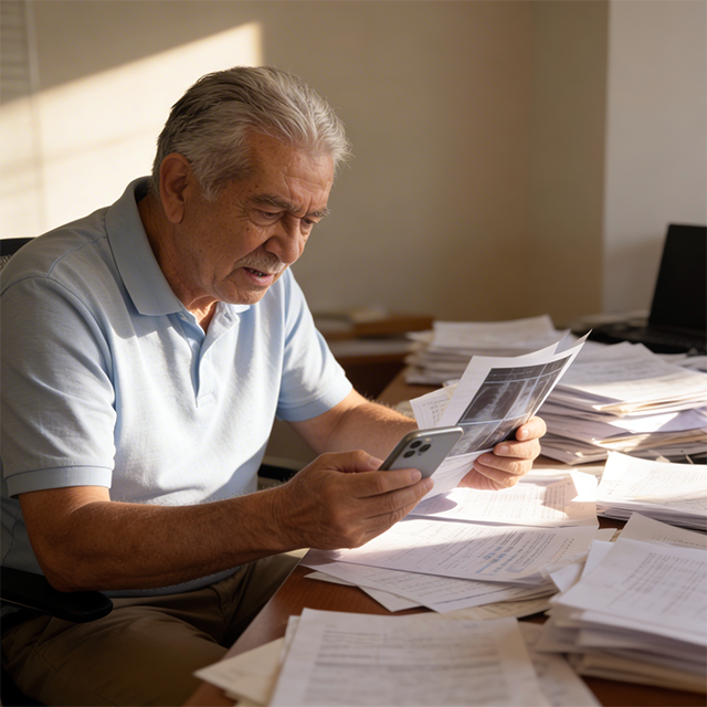 Mujer buscando resultados de laboratorio y recetas médicas perdidas entre papeles y fotos