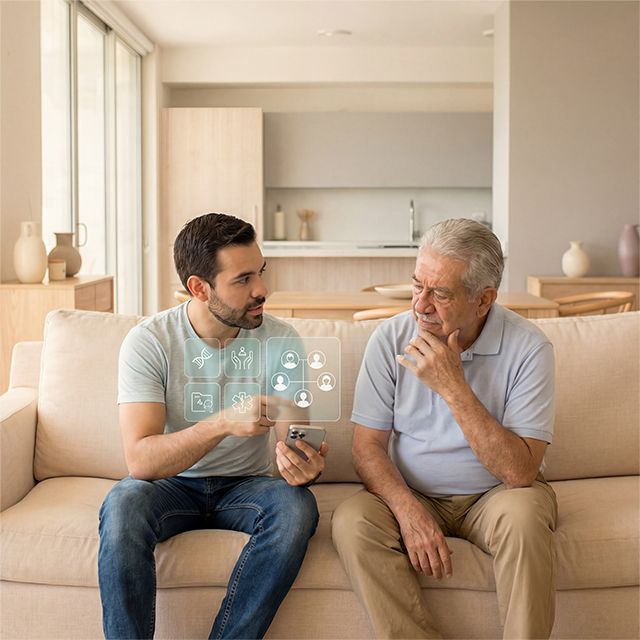 Familia revisando antecedentes hereditarios de salud — detección de enfermedades genéticas